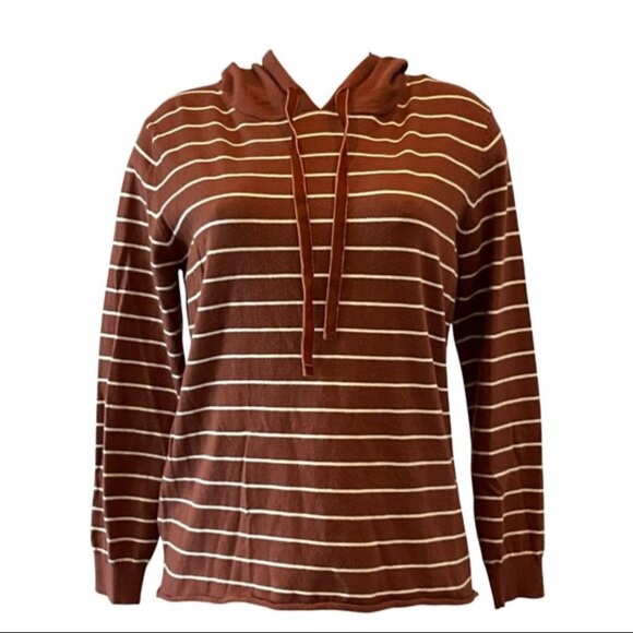 NWOT: White Burgundy Striped Terracotta Long Sleeve Oversized Hooded Top•Small - Picture 1 of 7